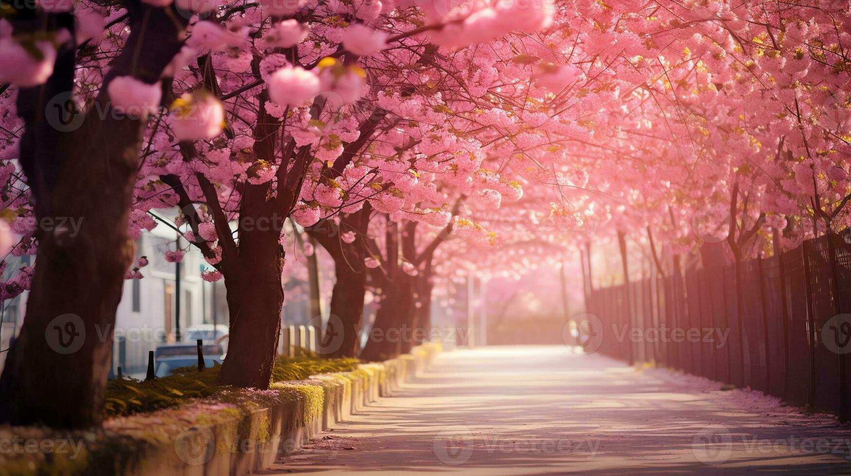 AI generated Alley with pink sakura trees, bright sunny day. AI generated image photo