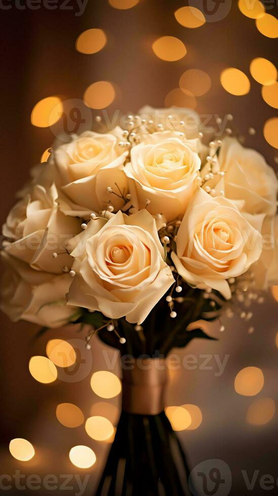 AI generated Bouquet of champagne color roses. Happy Valentine's day greeting card concept. AI generated image photo