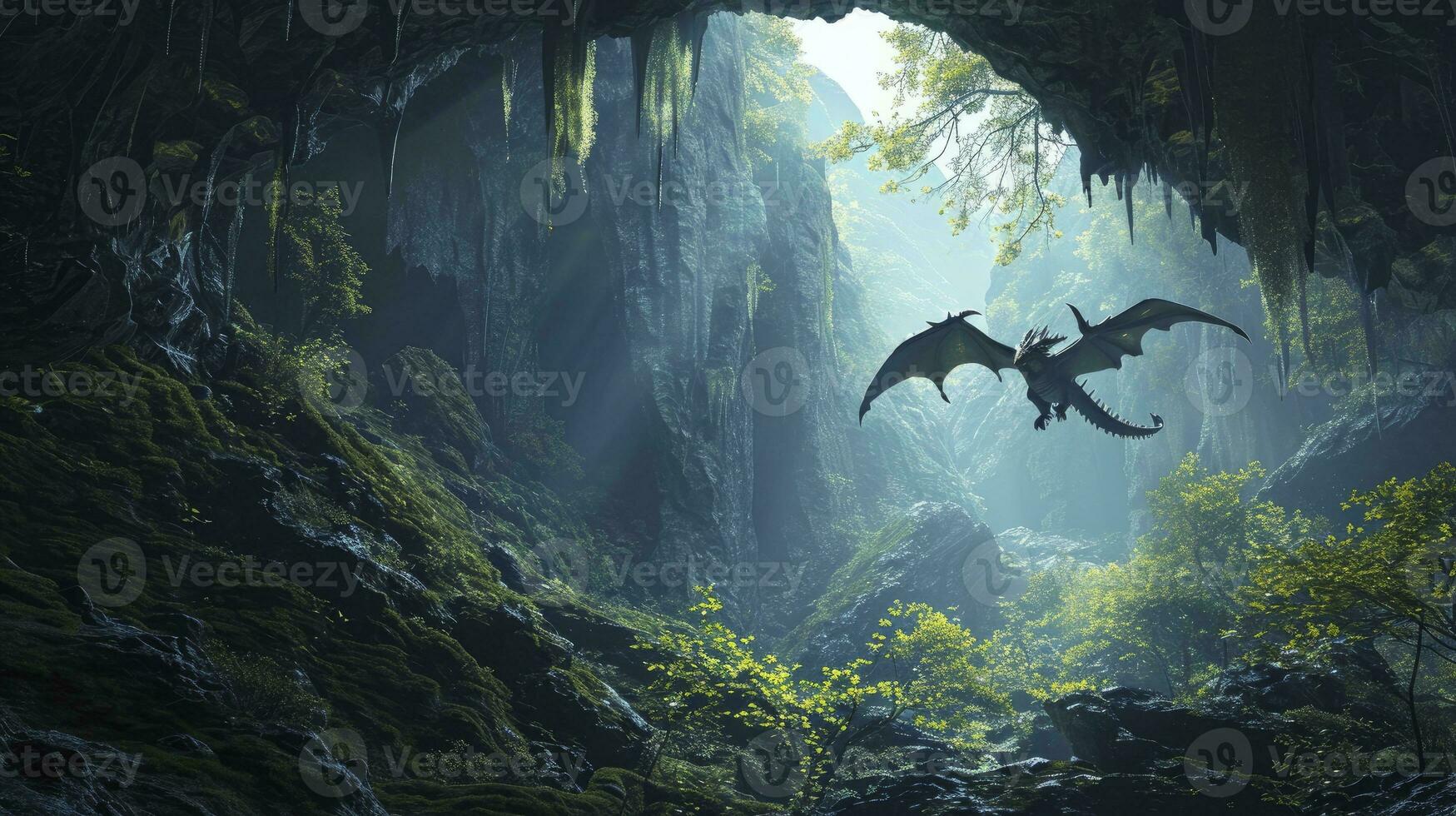 AI generated Dragon flying up out of cavern in misty fantasy forest. photo