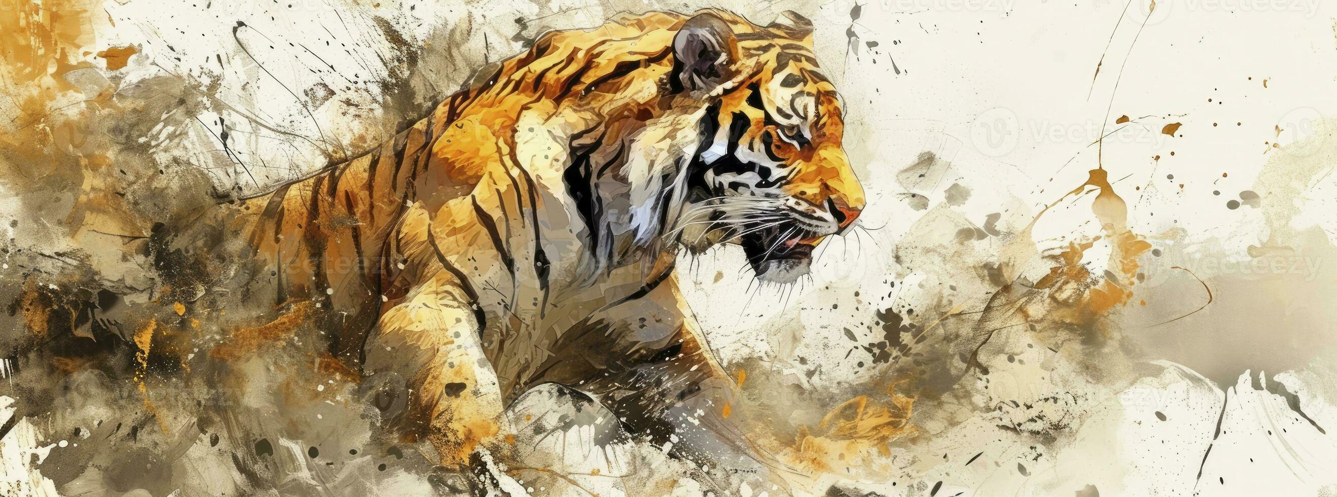 AI generated The New Year eps of a golden tiger, in the style of delicate ink washes, dragon art, abstract expressionistic splatters. photo