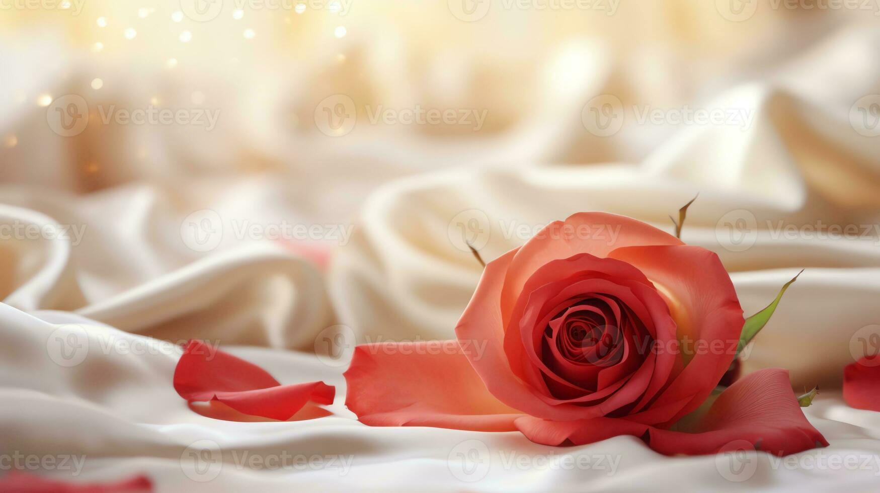 AI generated Red rose on the silk bedsheet. Happy Valentine's Day greeting card concept. AI generated image photo