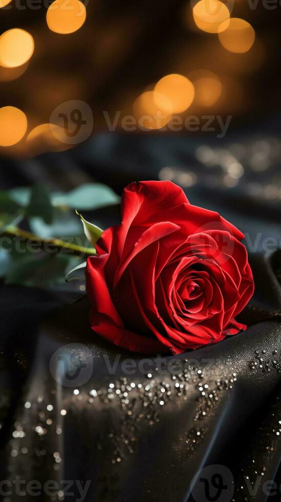 AI generated Red rose on the silk bedsheet. Happy Valentine's Day greeting card concept. AI generated image photo
