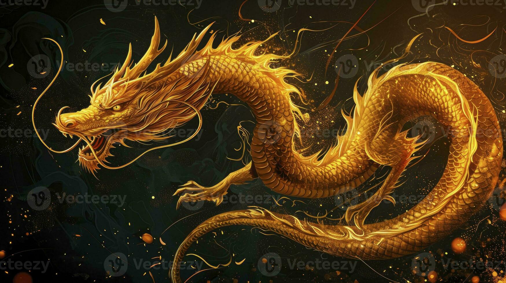 AI generated The Chinese New Year 2024 year of the dragon, the Chinese zodiac symbol is the Lunar New Year concept. The Asian Celebration, illustration fantasy anime manga Chinese Golden Dragon. photo