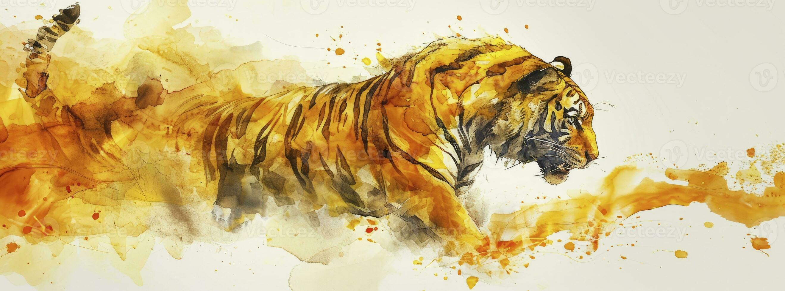 AI generated The New Year eps of a golden tiger, in the style of delicate ink washes, dragon art, abstract expressionistic splatters. photo