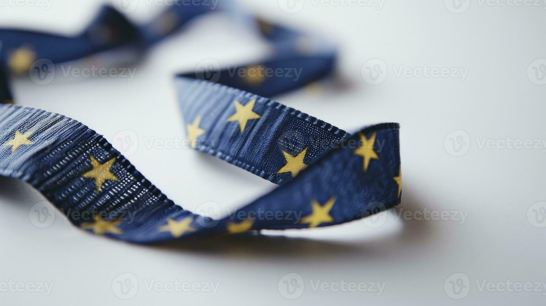 AI generated Blue ribbon full of golden star white background photo