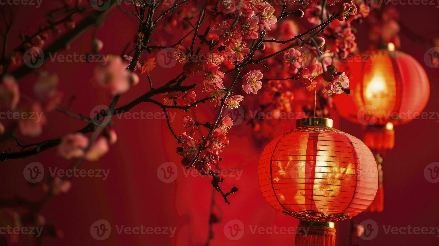 AI generated Happy chinese new year, hanging beautiful lantern and flowers on red background. Copy space. photo