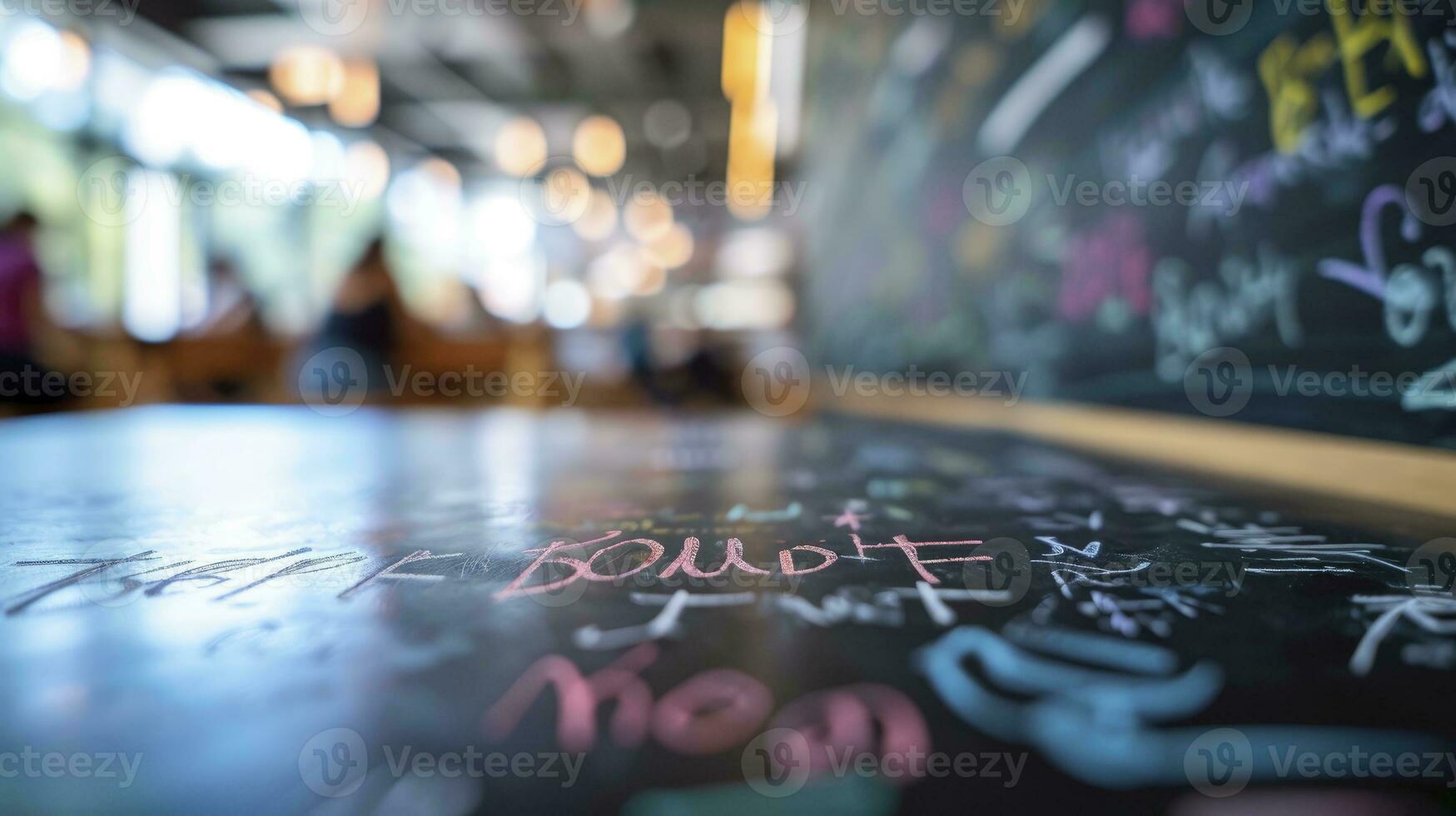 AI generated Different people different color hand writing on a chalkboard side view classroom bokeh background photo
