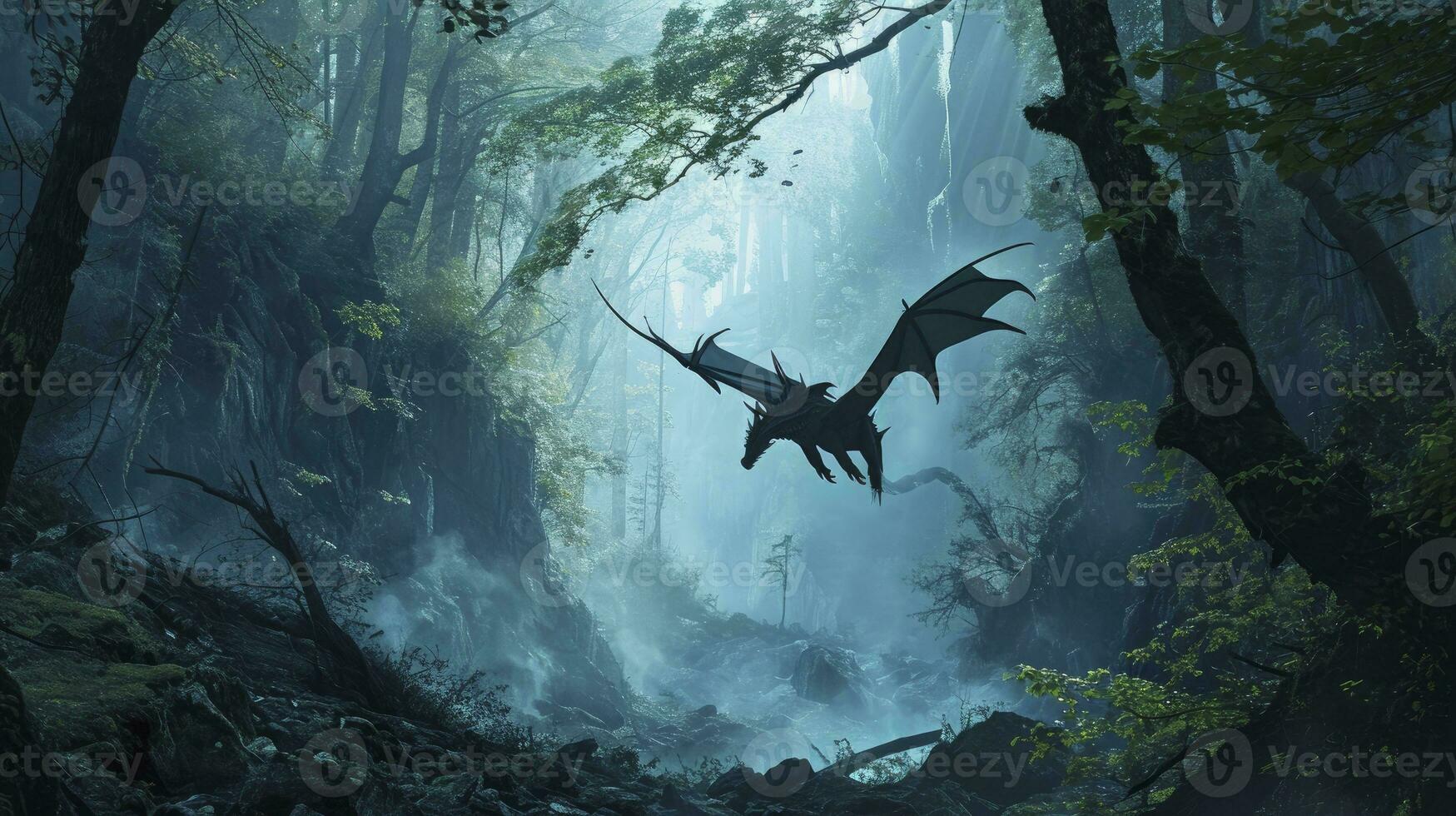 AI generated Dragon flying up out of cavern in misty fantasy forest. photo