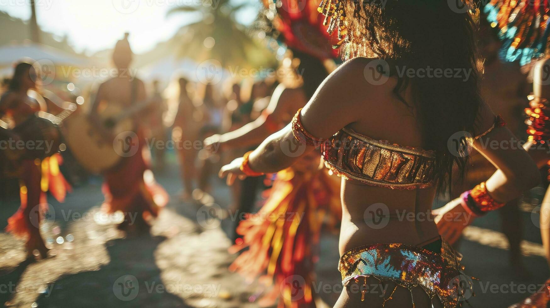 AI generated Lets dance all our troubles away. Cropped shot of beautiful samba dancers performing in a carnival with their band. photo