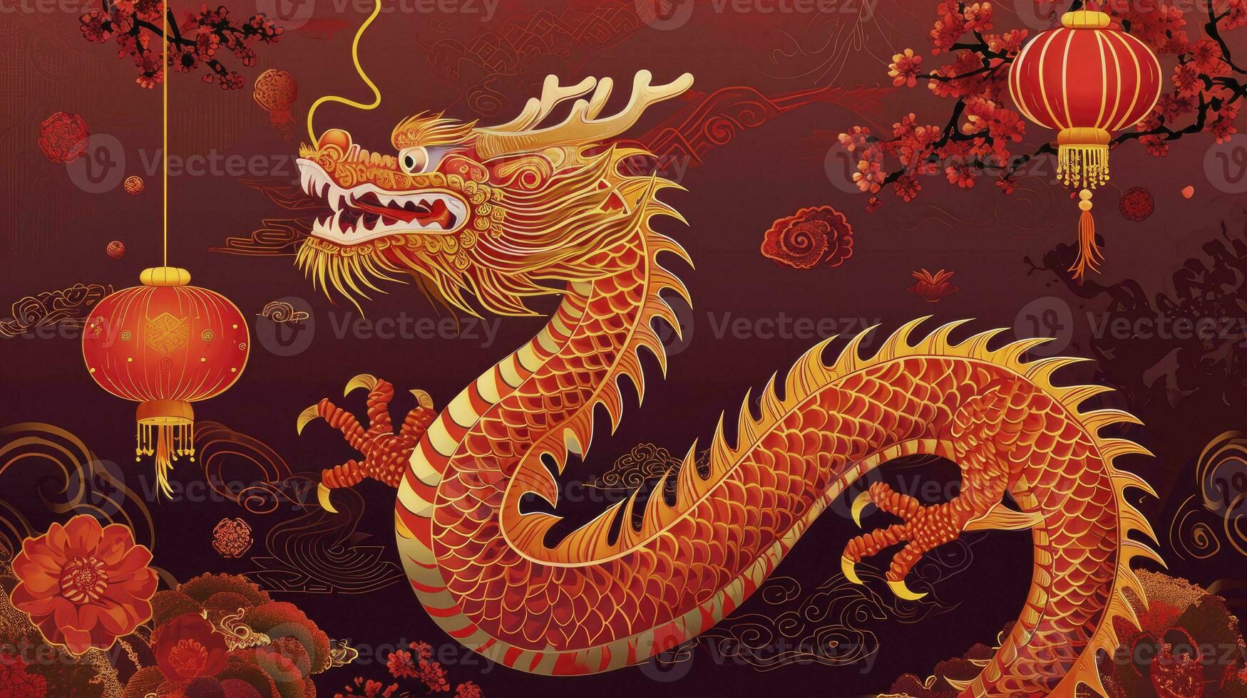 AI generated Happy Chinese new year 2024. Year of the dragon. New year horizontal backgound with dragon. photo