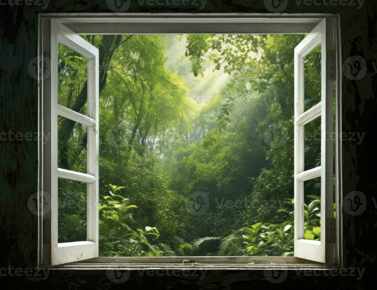 AI generated Modern house open window view forest background photo
