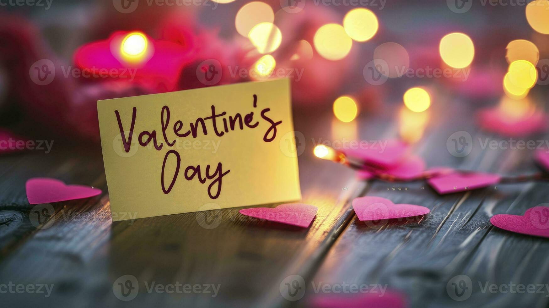AI generated The text valentines day written on a sticky note on a wooden table against a bokeh background. photo