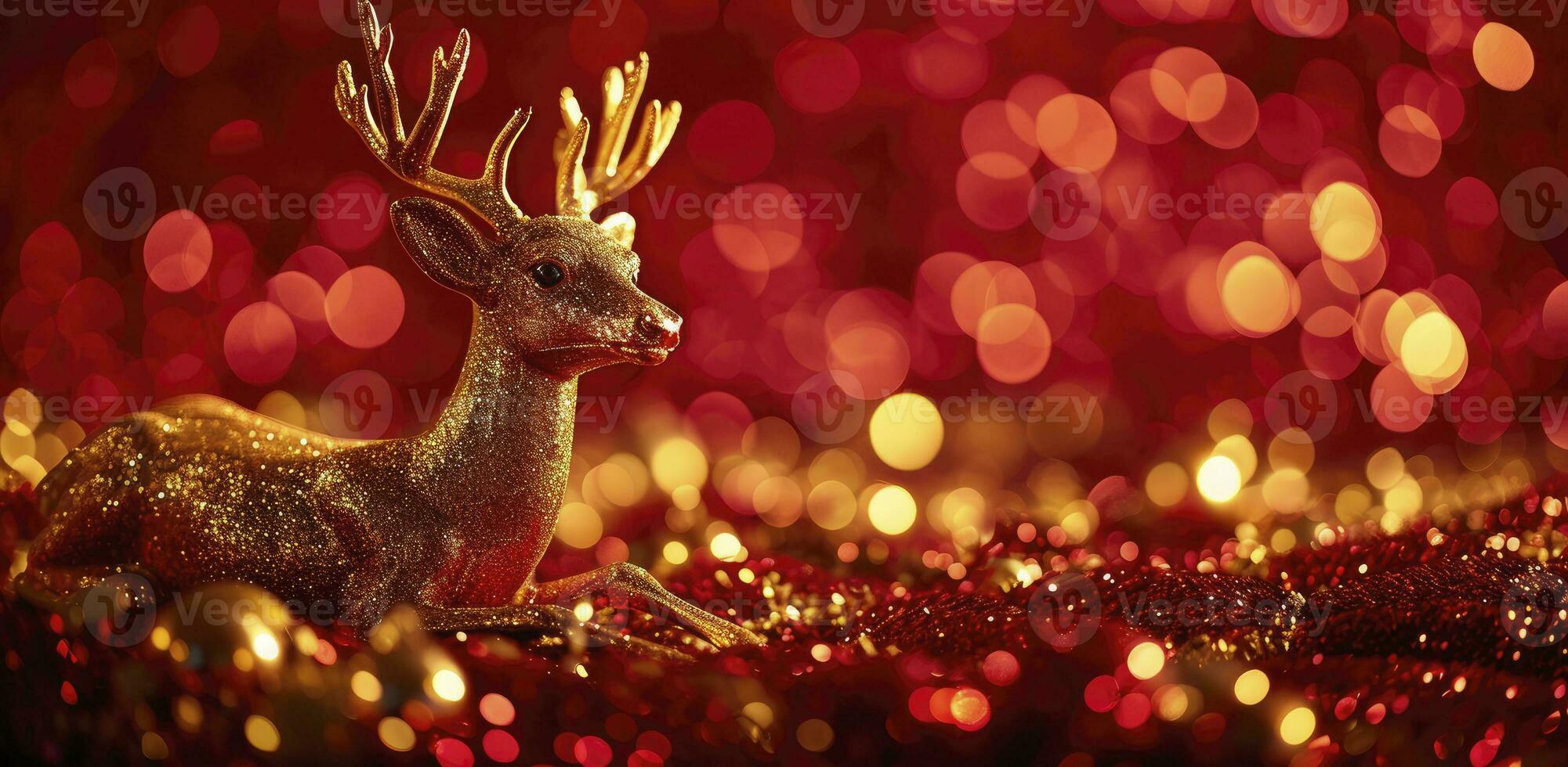 AI generated A gold deer sitting on a red background, in the style of bokeh panorama, glitter, and enchanting lighting. photo