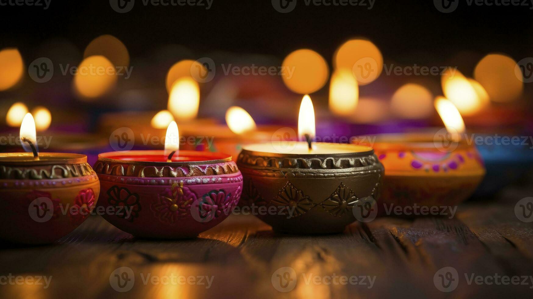 ai generado diwali festival ardiente velas en un madera dura piso foto