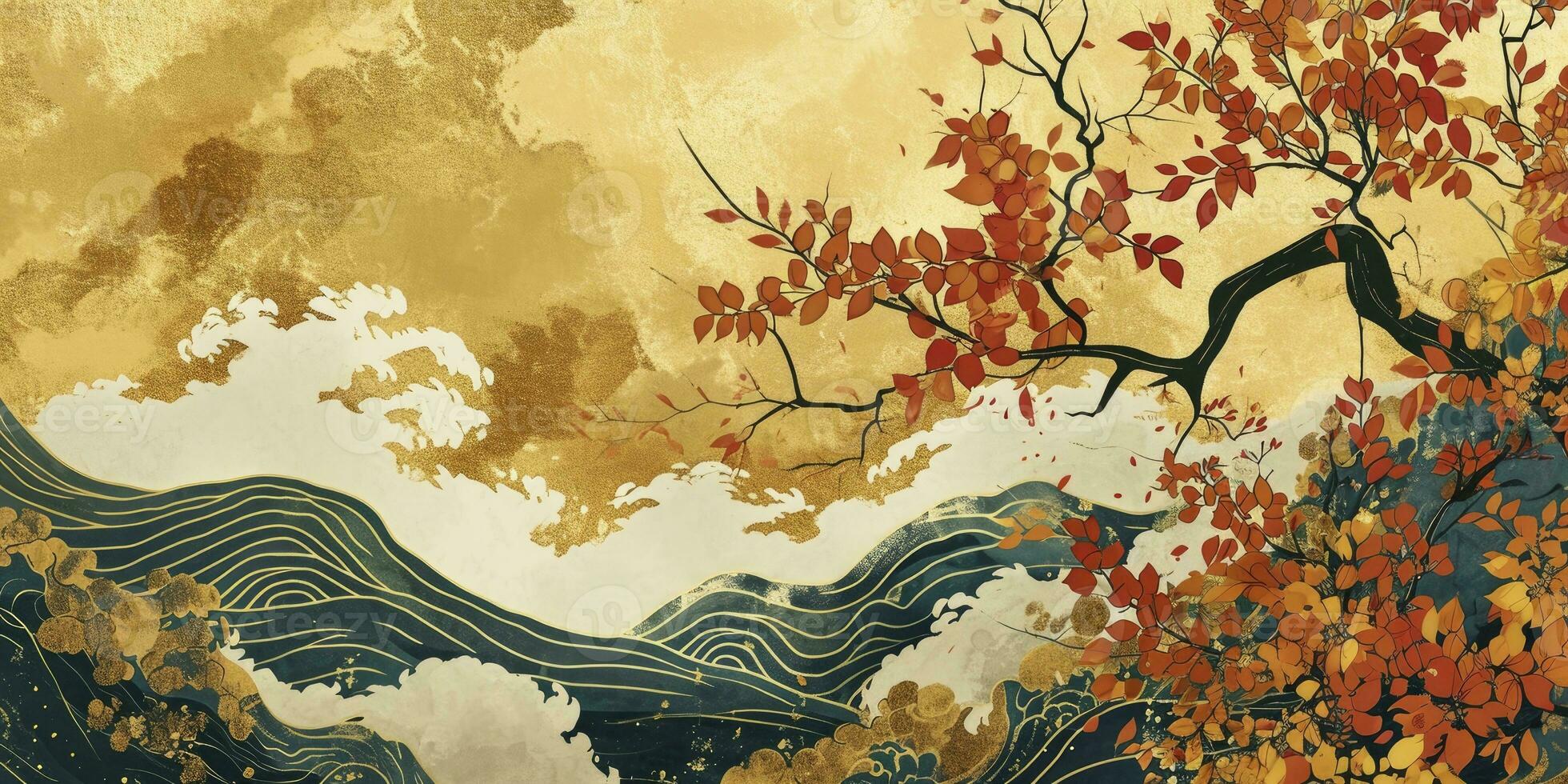 AI generated Japanese-Inspired Golden Leaf Frame with Watercolor Waves, Clouds, and Traditional Patterns. Exquisite Design for a Luxurious Paper Treatment or Banner with a Touch of Japan. photo