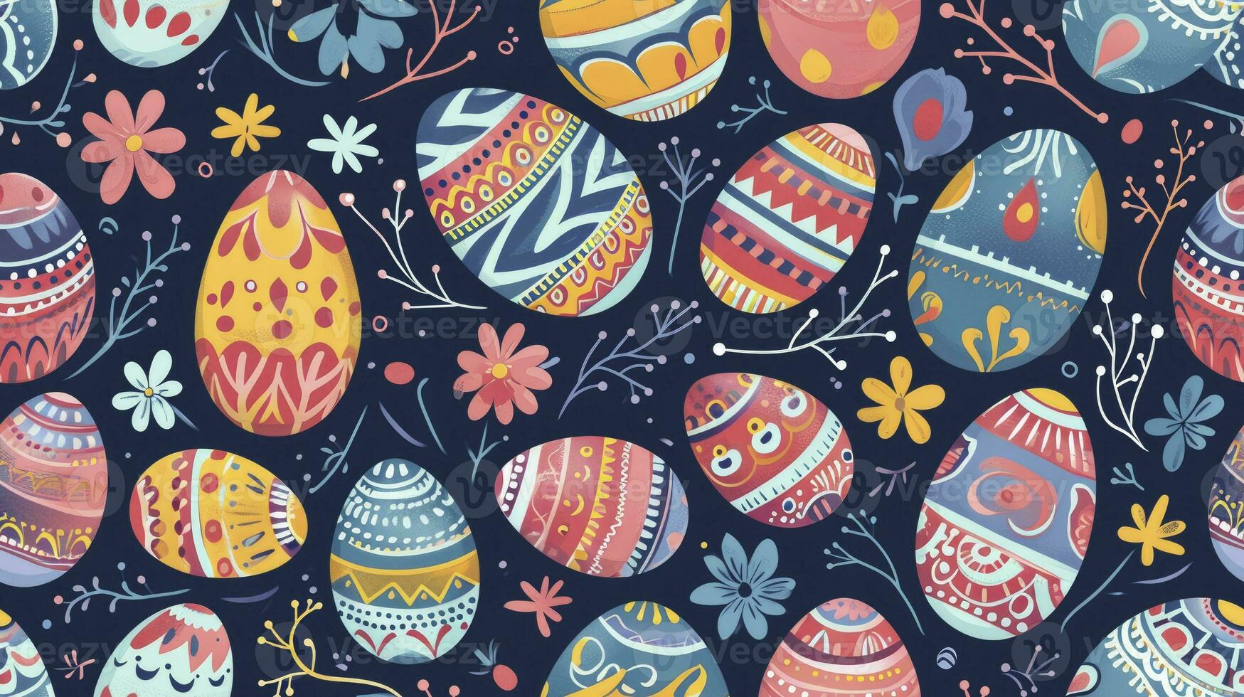 AI generated Cute hand-drawn easter eggs horizontal seamless pattern, fun easter decoration, great for banners, wallpapers, card design. photo