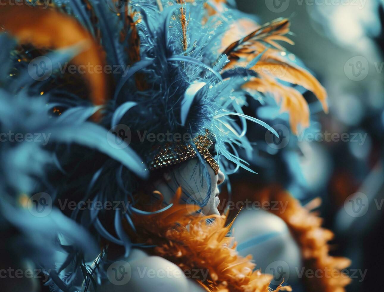 AI generated Carnival dancers with blue and orange feather photo