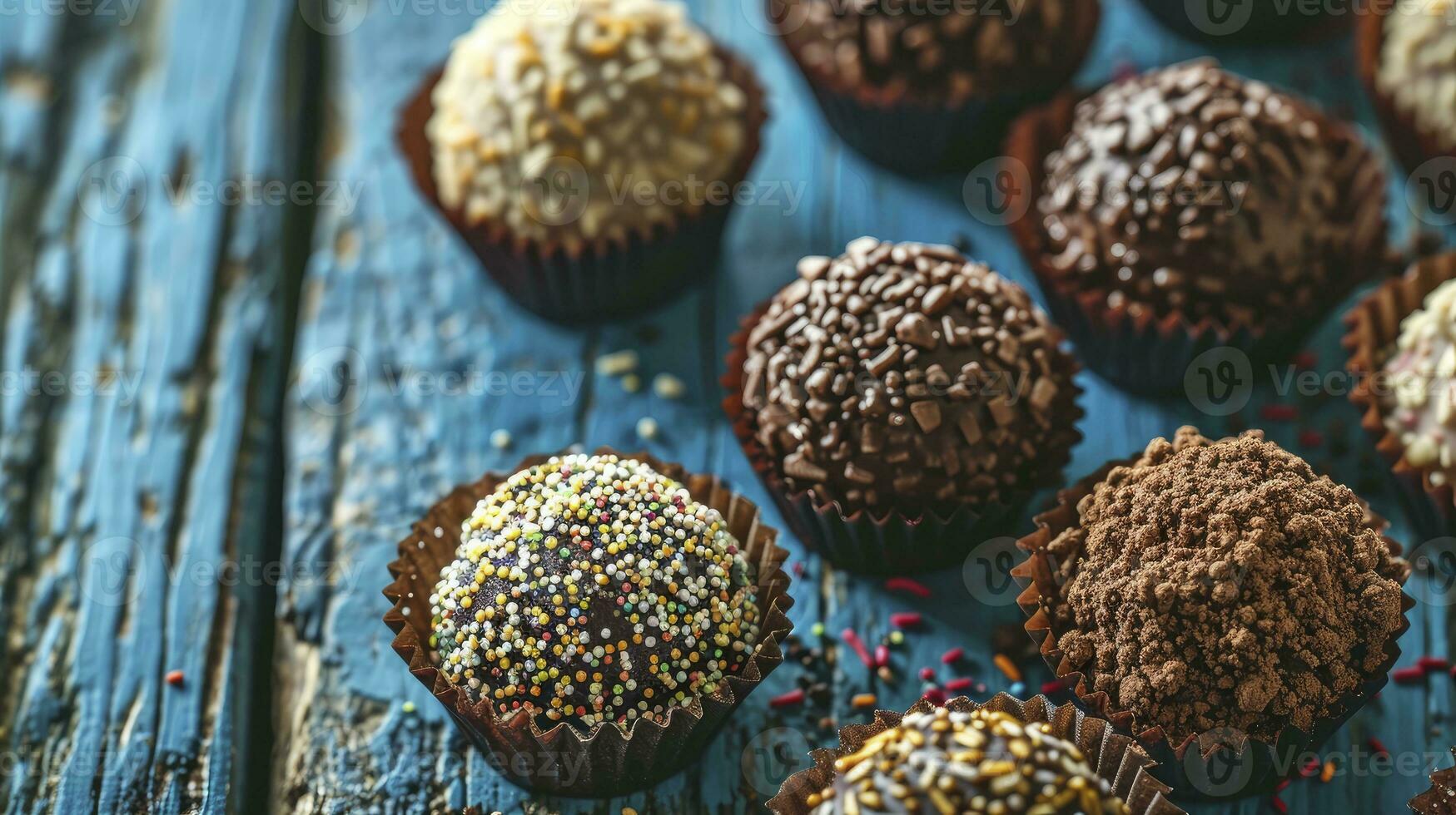 ai generado brigadeiro en papel formas en azul de madera fondo, cerca arriba foto