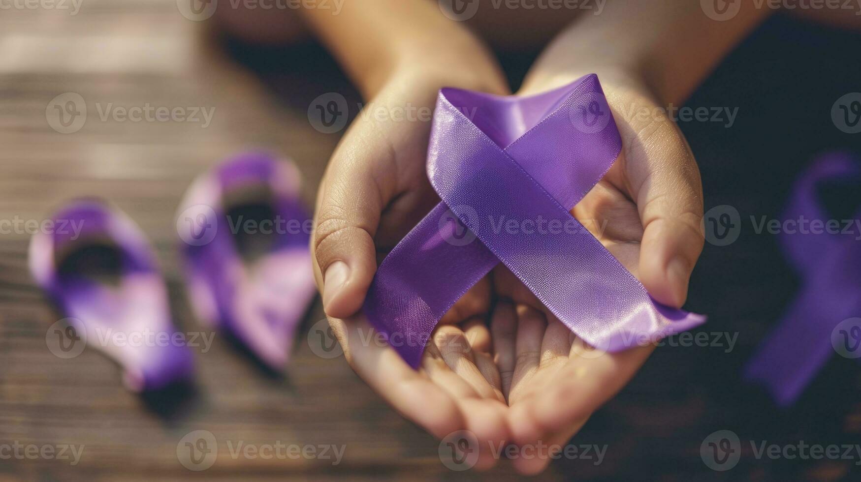 AI generated World Cancer Day inscription. Healthcare and medicine concept - girl hands holding purple cancer awareness ribbon. 4 February day photo