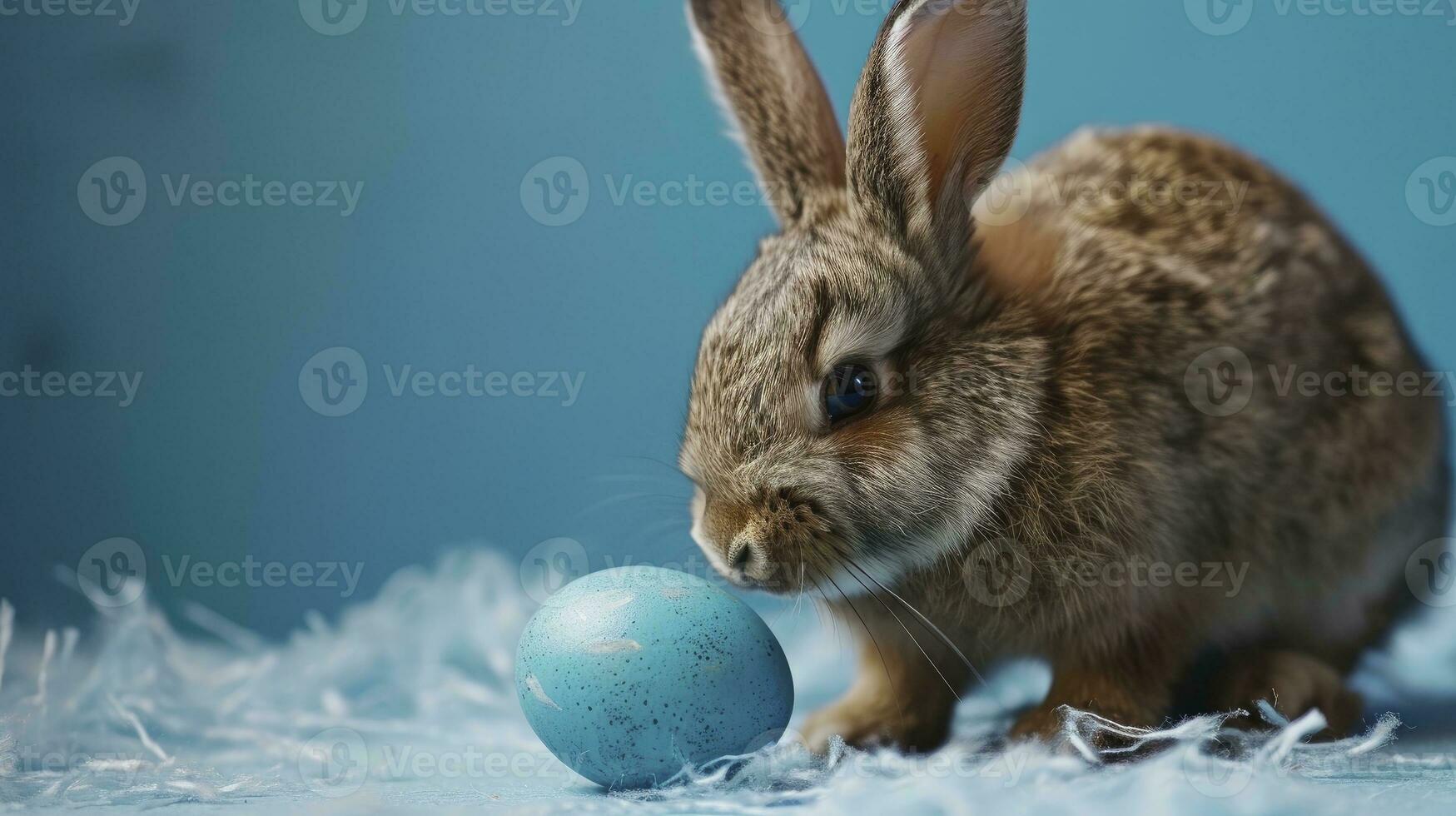 AI generated Easter bunny rabbit with blue painted egg on blue background. Easter holiday concept. photo