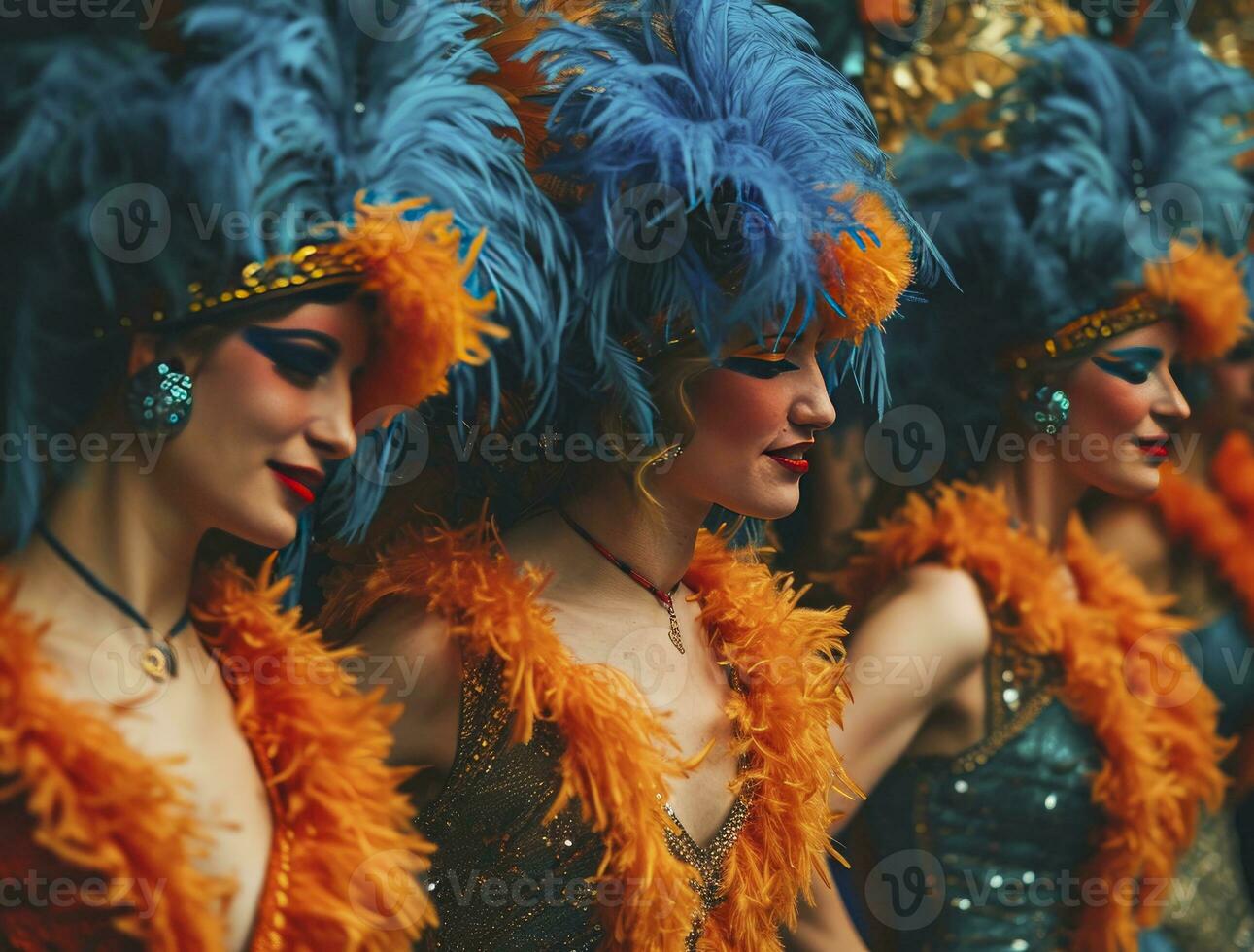 AI generated Carnival dancers with blue and orange feather photo