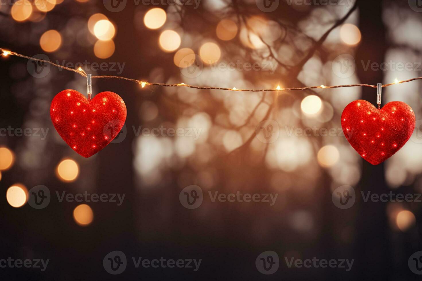 AI generated Valentine day love beautiful hearts hanging on branch of tree photo