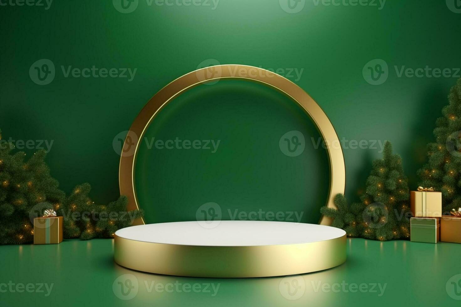 AI generated 3d rendered green Podium display for merry Christmas event photo