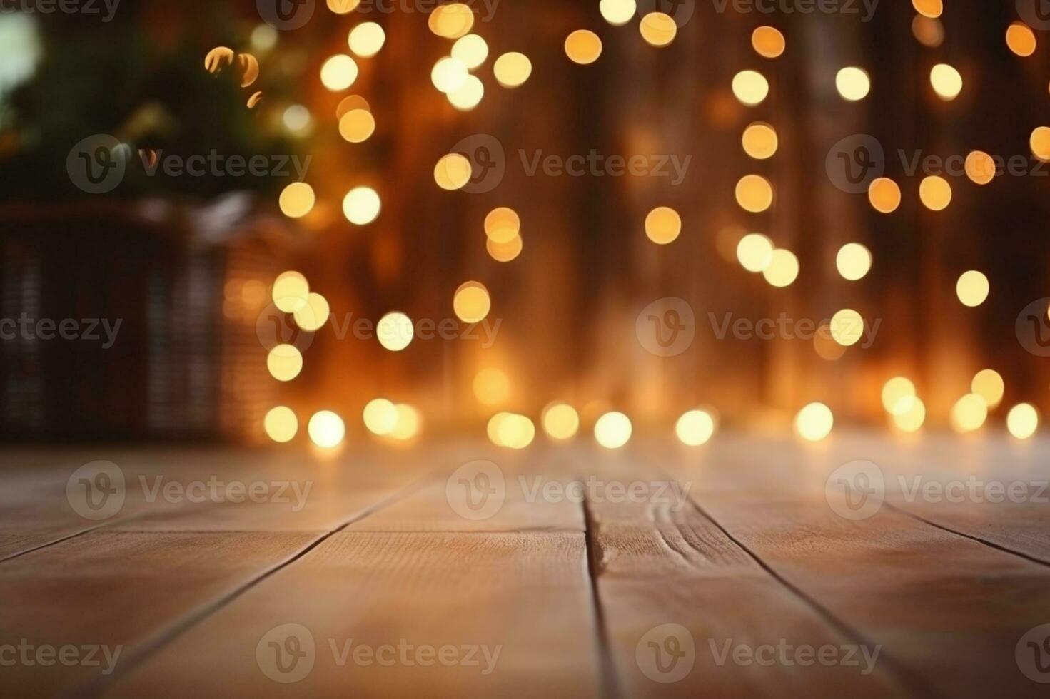 AI generated Empty rustic wooden table in front of christmas light night,abstract circular bokeh background photo