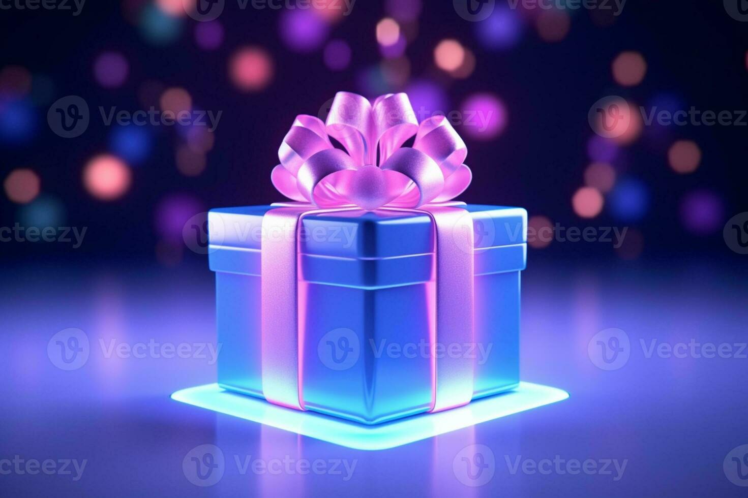 AI generated Realistic gift box with magical shining blue open gift box with magical light photo