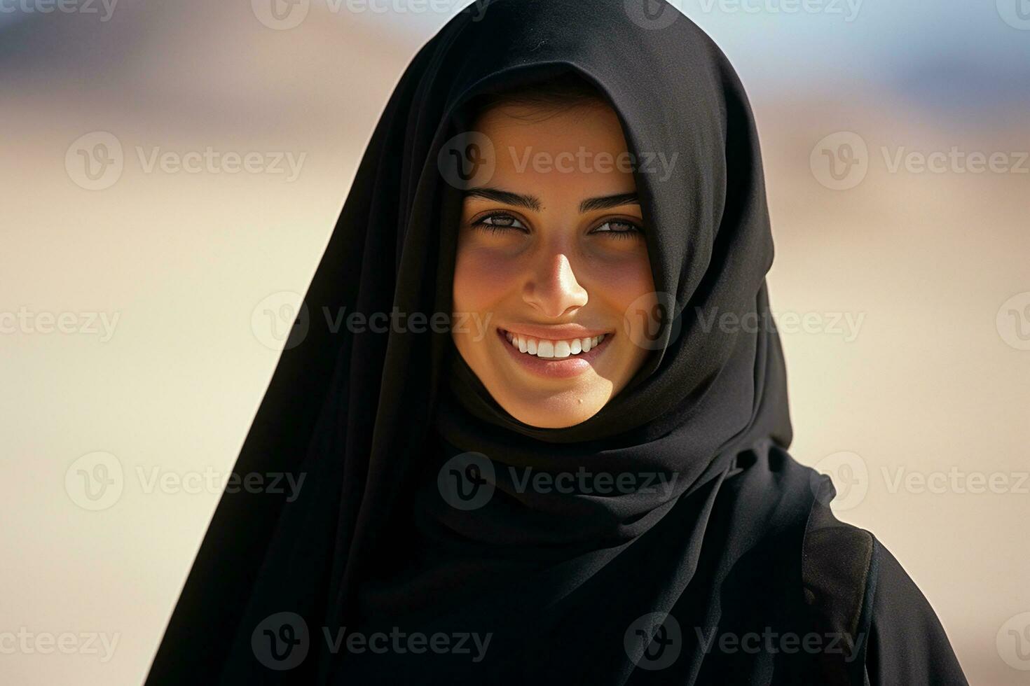 AI generated Portrait of a beautiful Muslim woman wearing hijab posing outdoors generative AI photo