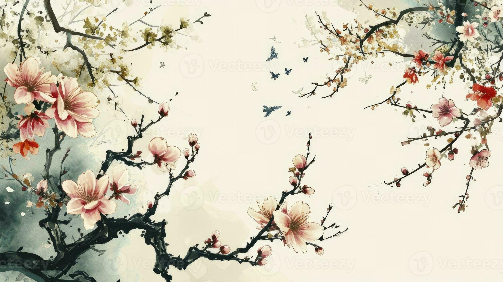 AI generated Chinese and Japanese style Water Botanical Graphic Frame photo