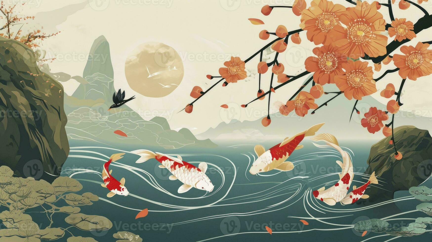 AI generated Chinese and Japanese style Water Botanical Graphic Frame photo