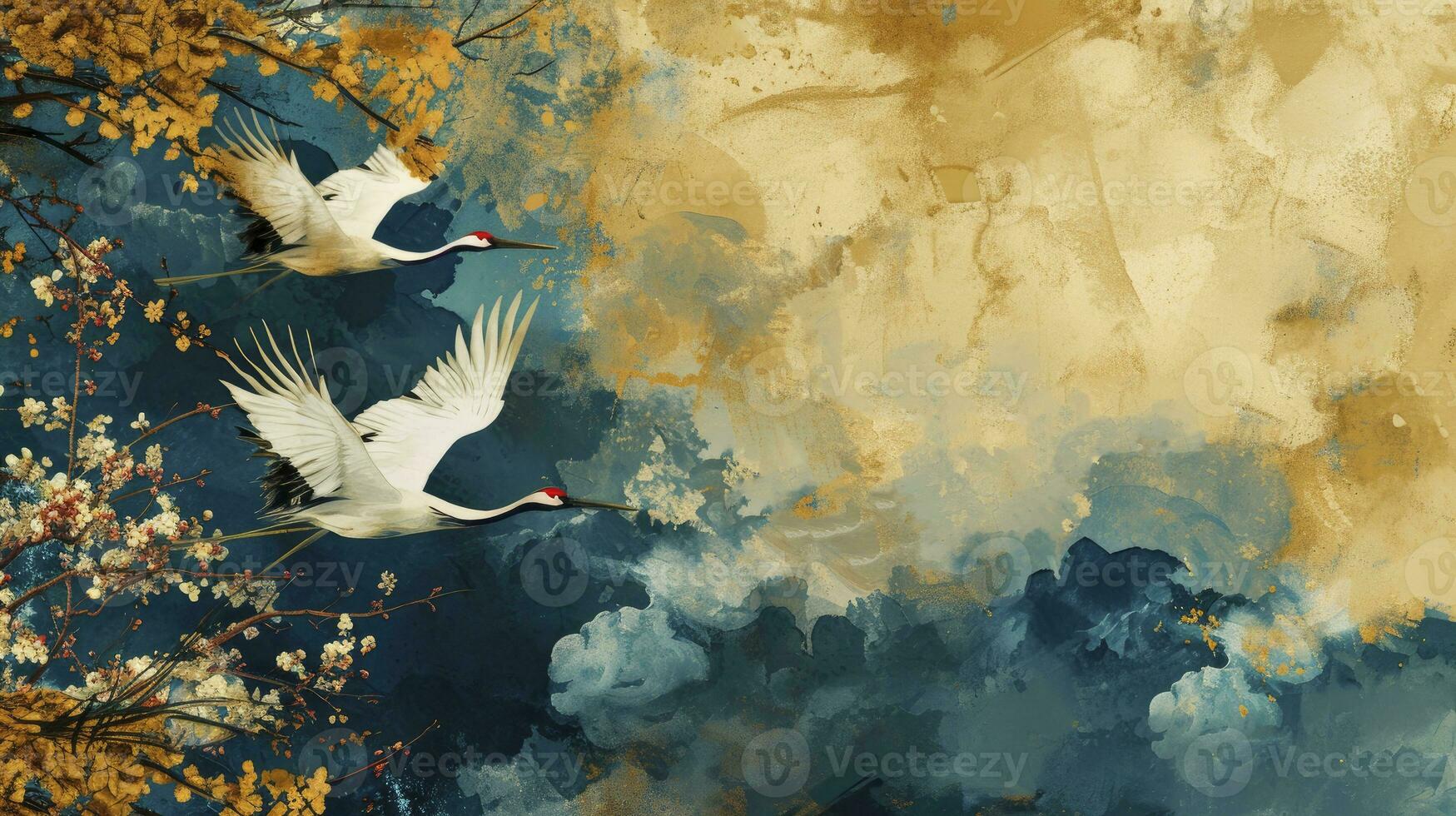 AI generated Luxury gold oriental style background. Chinese and Japanese wallpaper pattern design of elegant crane birds, cloud with watercolor texture. Design illustration for decoration, wall decor. photo