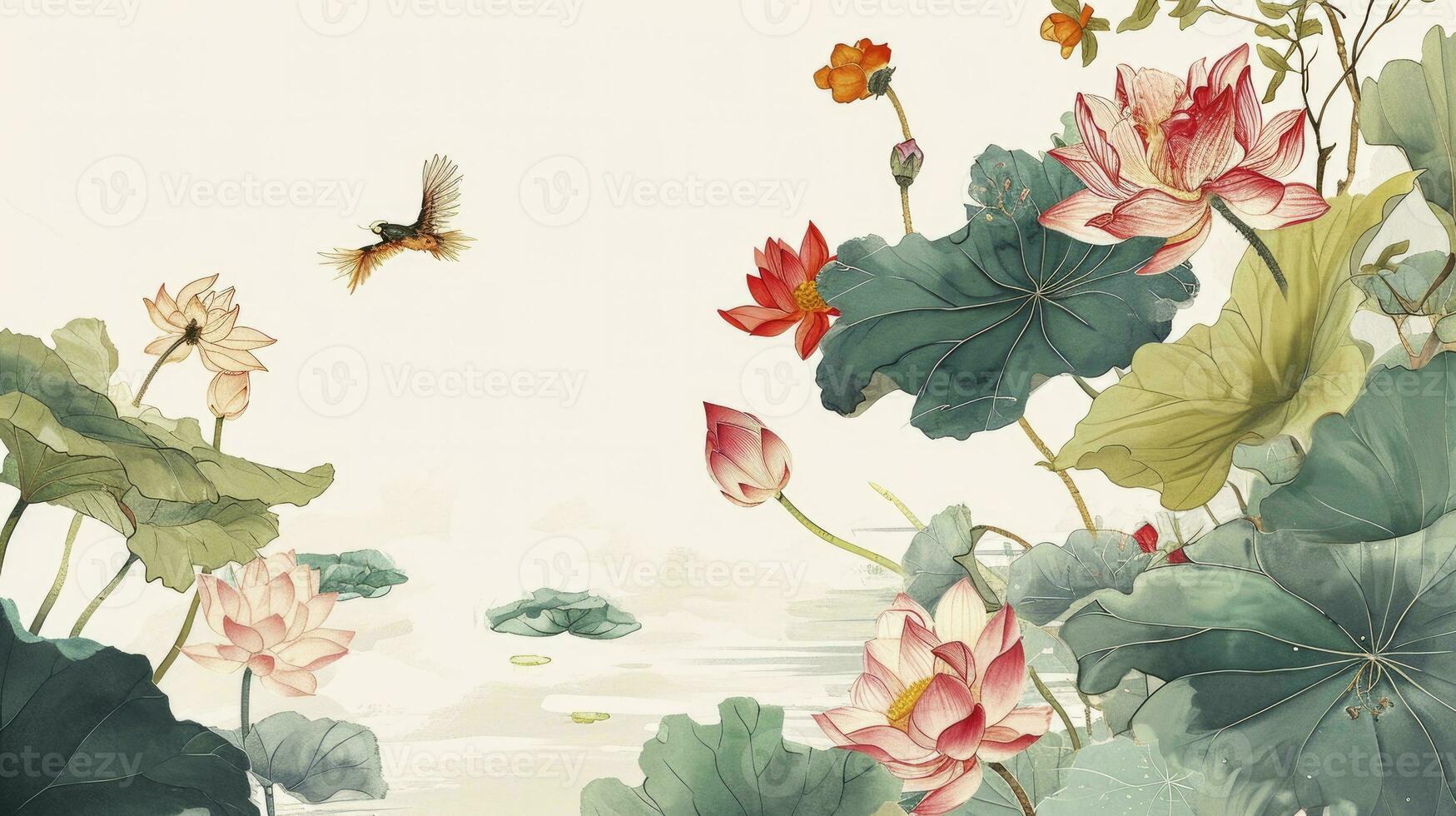 AI generated Chinese and Japanese style Water Botanical Graphic Frame photo