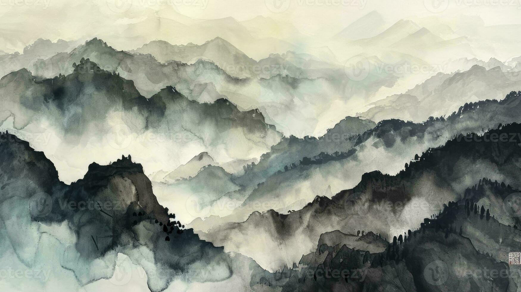 AI generated A watercolor landscape of serene mountains, inspired by the Chinese style of classical traditional ink painting. photo