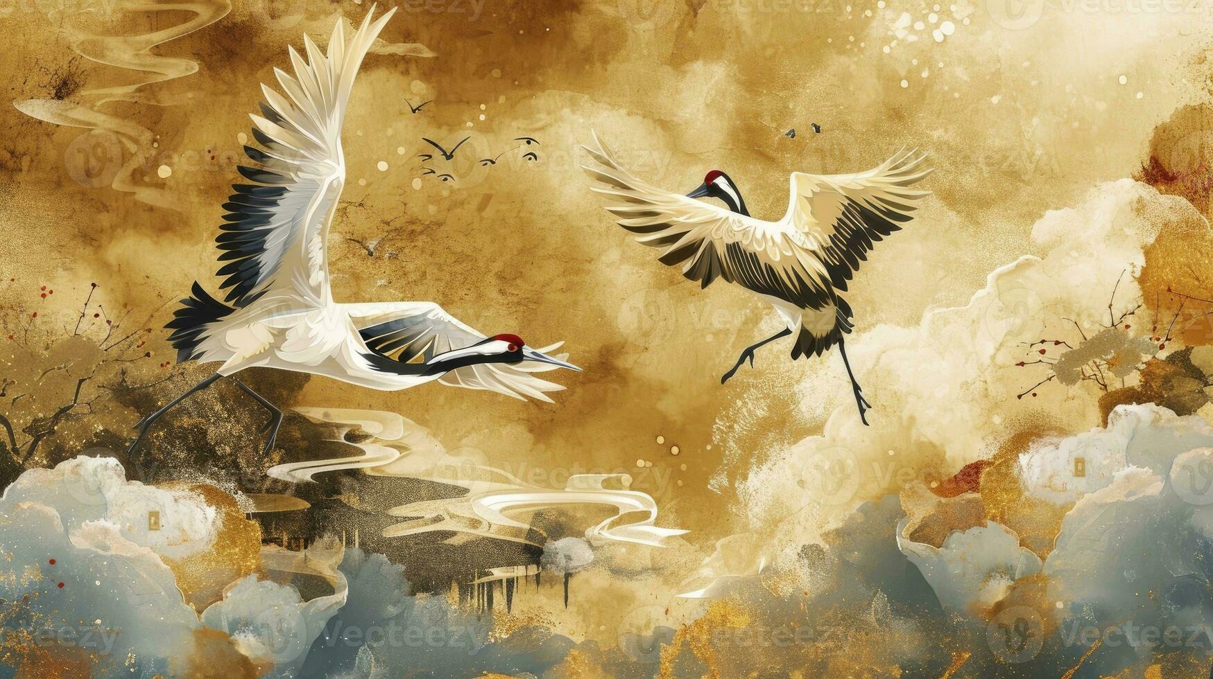 AI generated Luxury gold oriental style background. Chinese and Japanese wallpaper pattern design of elegant crane birds, cloud with watercolor texture. Design illustration for decoration, wall decor. photo