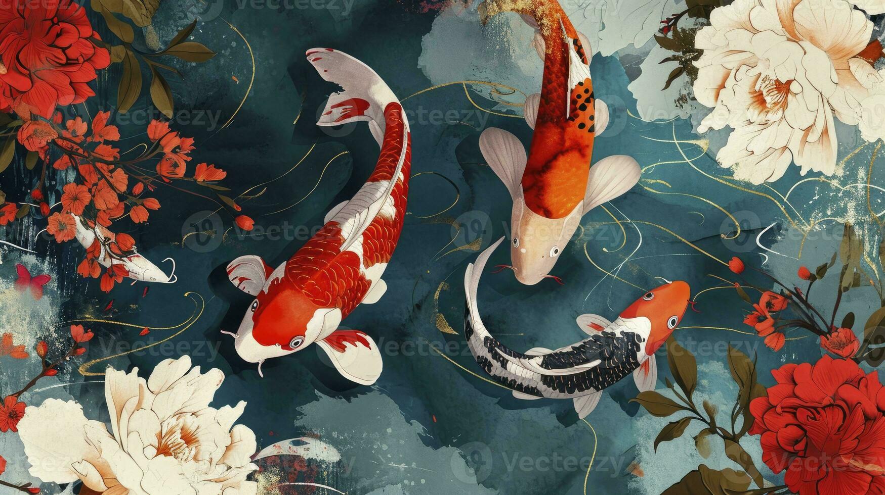 ai generado asiático fondo, oriental japonés estilo resumen modelo antecedentes diseño con koi pescado Decorar en acuarela textura foto