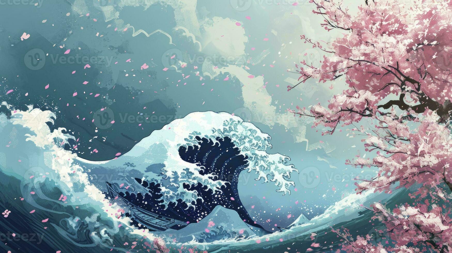 AI generated Abstract Hokusai style background. Waves, sea, pink sakura trees. photo