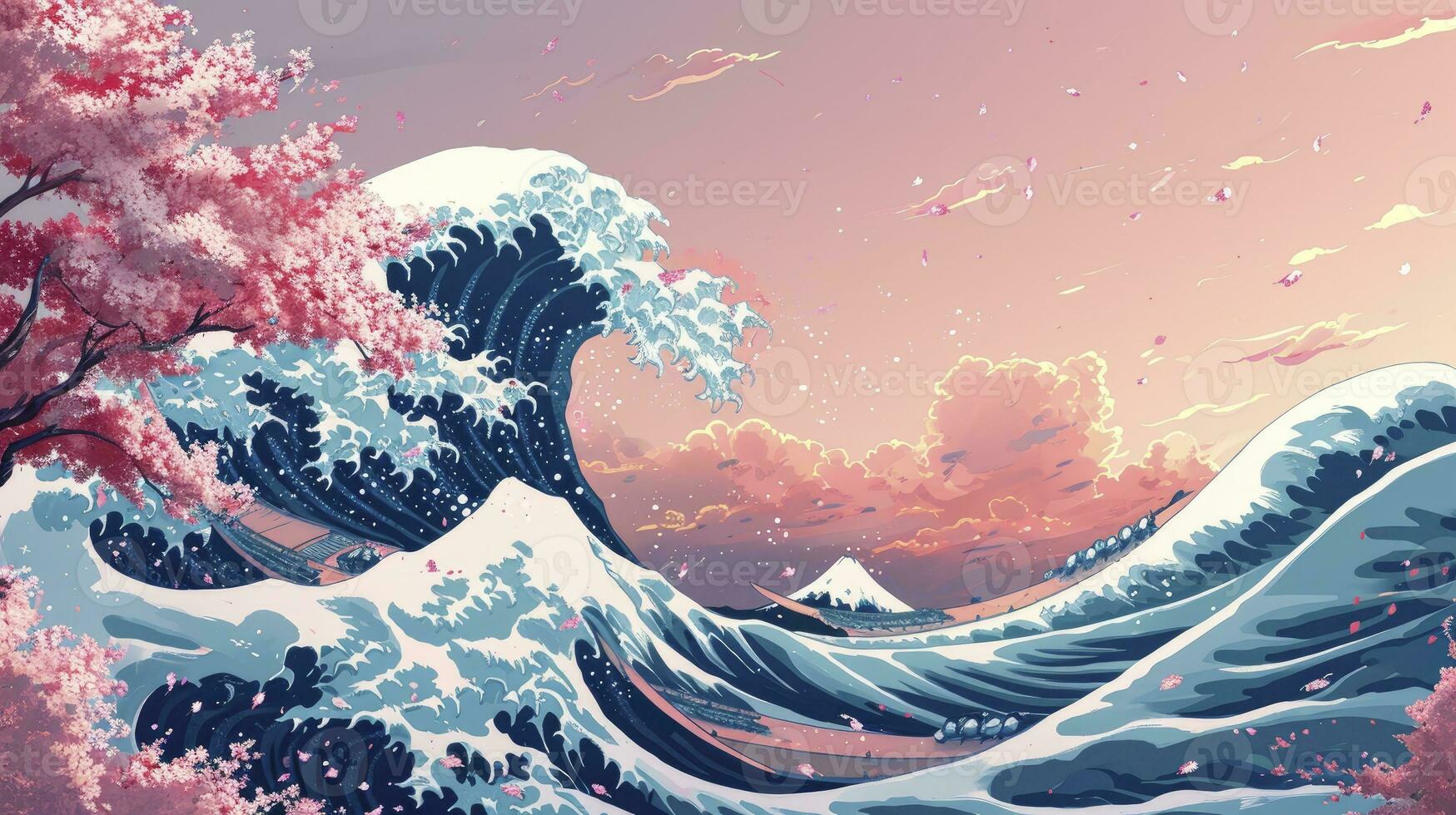 AI generated Abstract Hokusai style background. Waves, sea, pink sakura trees. photo