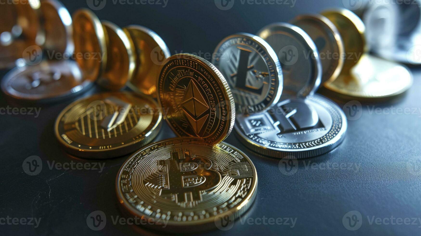 AI generated Symbolic cryptocurrency types represented as coins are lined up against dark background. photo