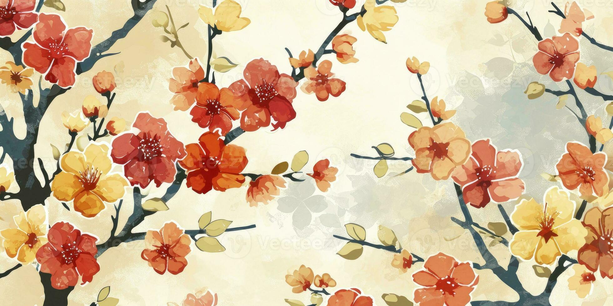 AI generated Asian background, Oriental Japanese and Chinese style abstract pattern background design with botanical flowers decorate in watercolor photo