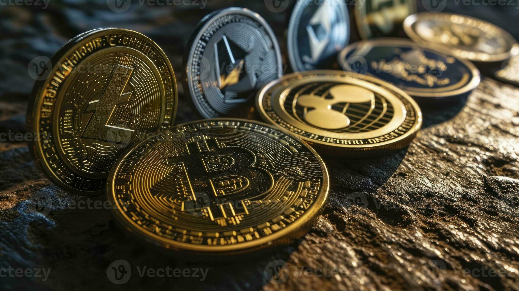 AI generated Symbolic cryptocurrency types represented as coins are lined up against dark background. photo