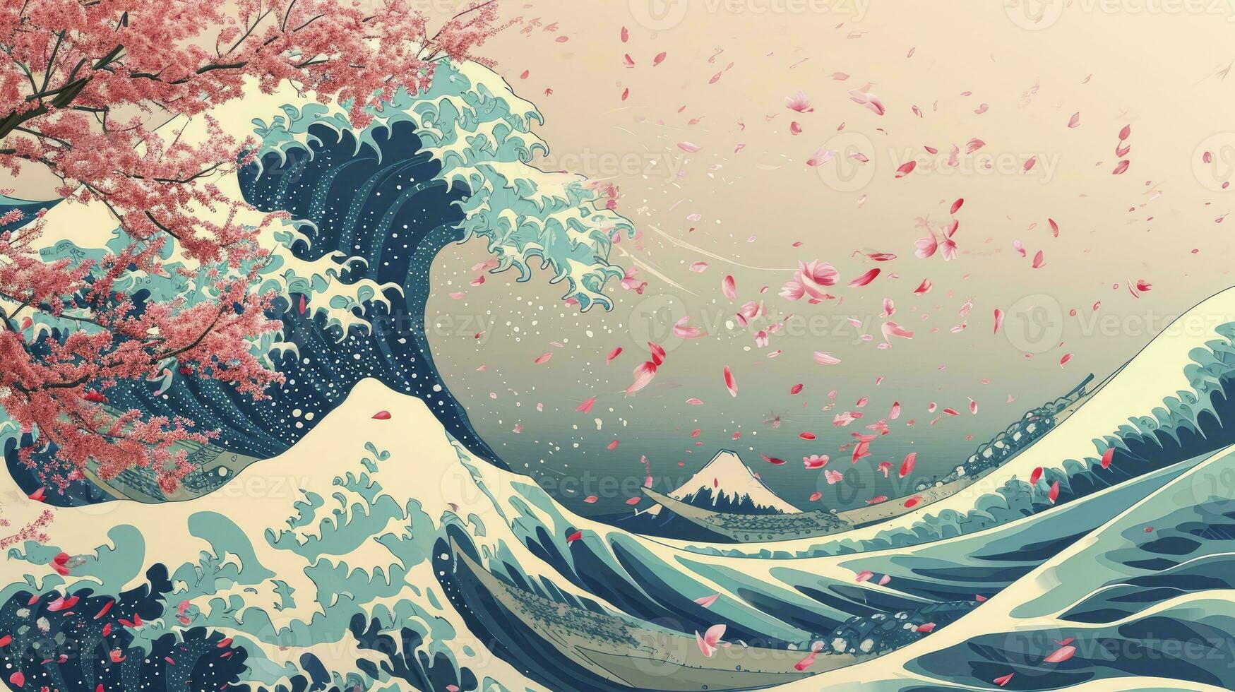 AI generated Abstract Hokusai style background. Waves, sea, pink sakura trees. photo