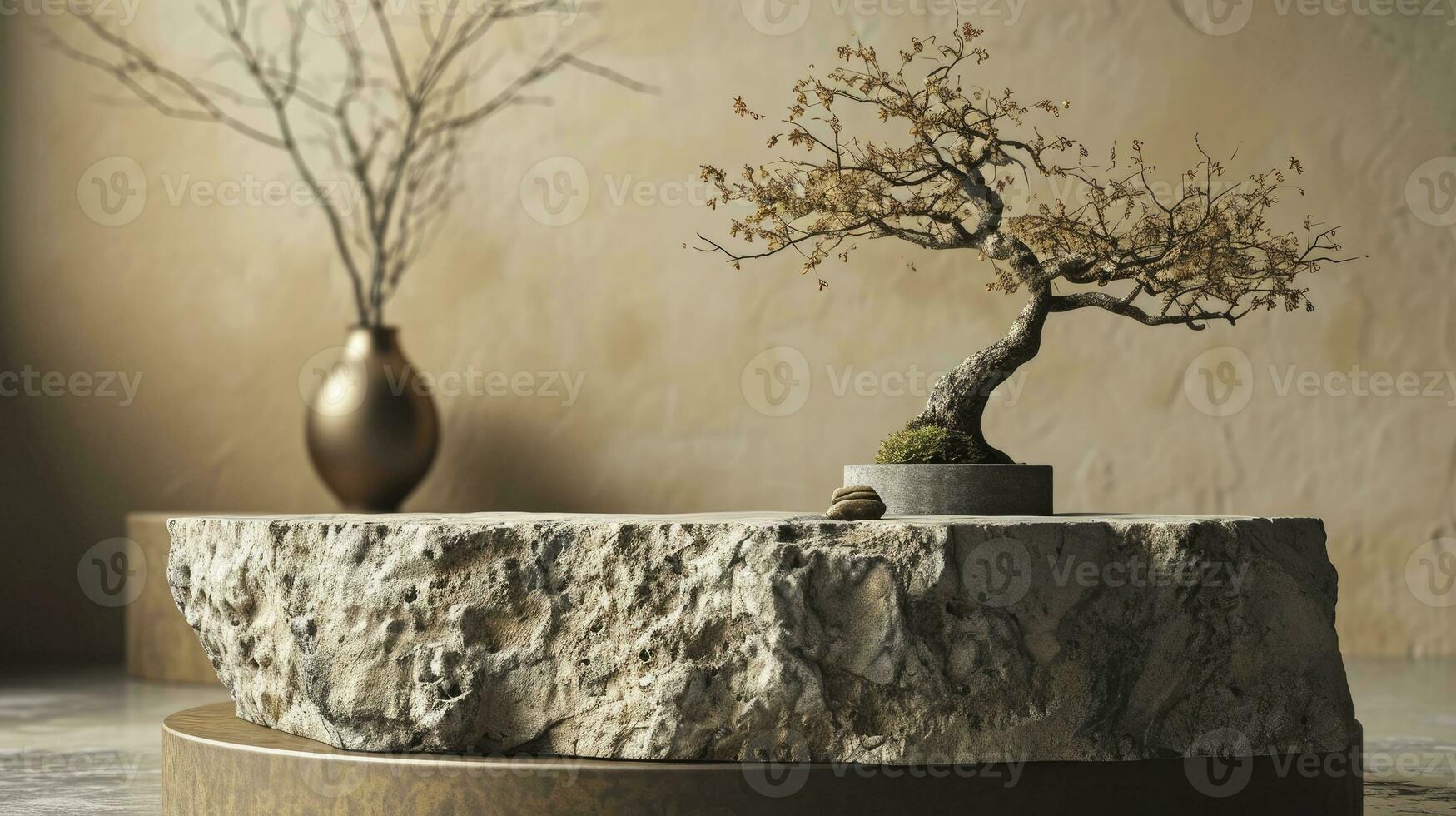 AI generated japanese style minimal abstract background.stone podium and bonsai with brown background for product presentation. 3d rendering illustration. photo
