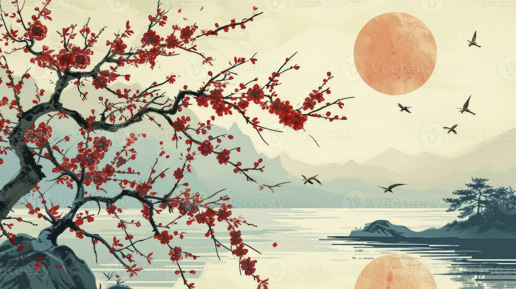 AI generated Chinese and Japanese style Water Botanical Graphic Frame photo