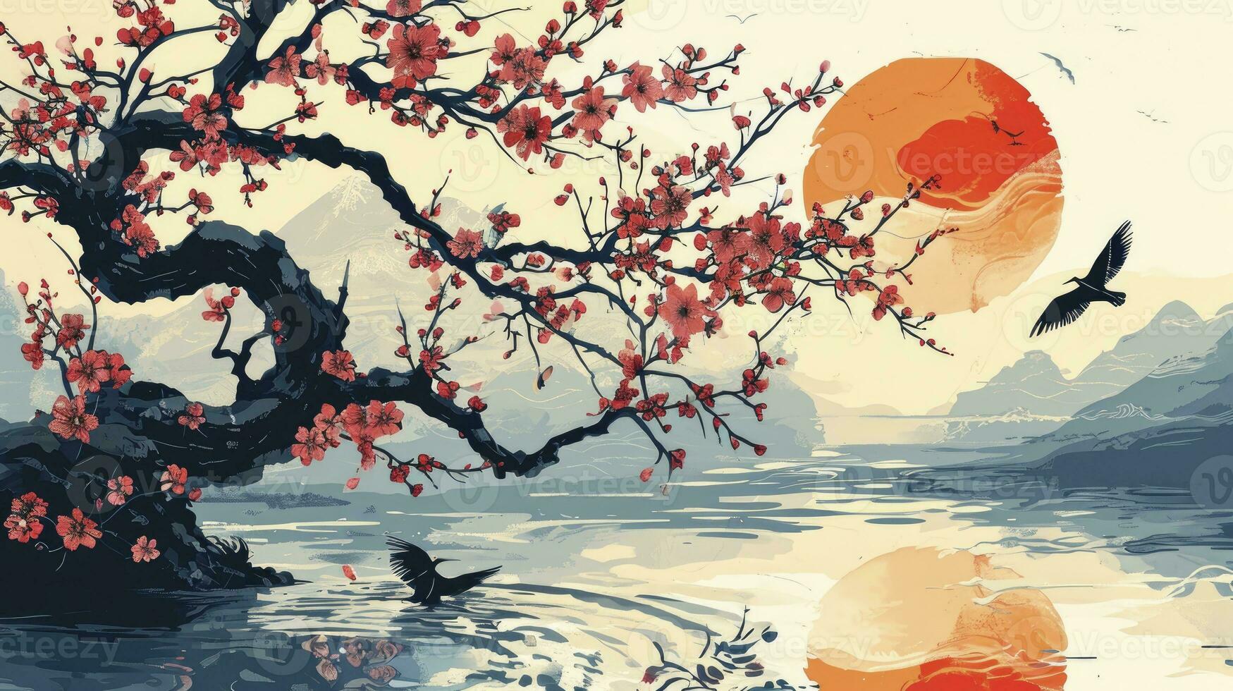 AI generated Chinese and Japanese style Water Botanical Graphic Frame photo