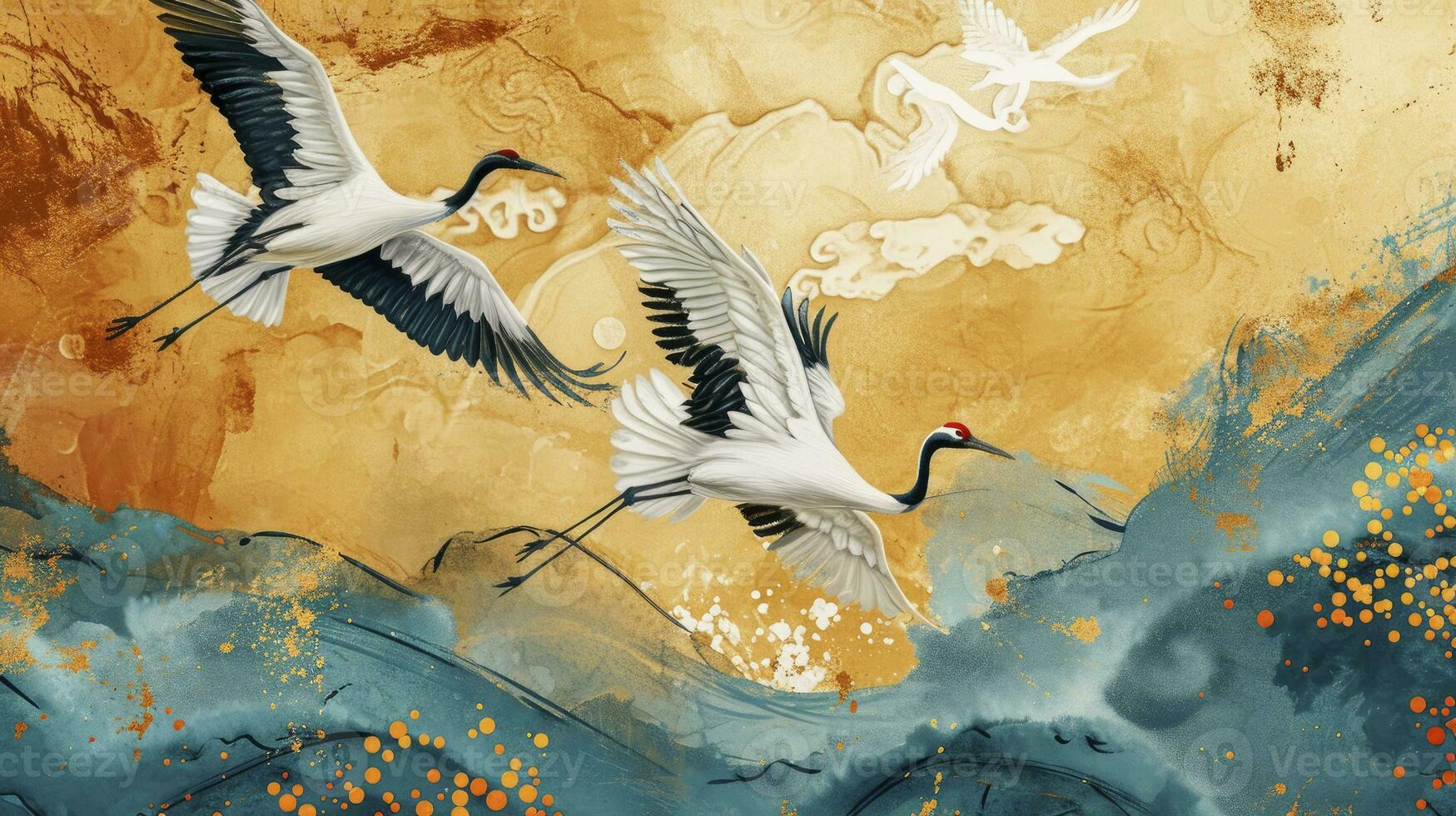 AI generated Luxury gold oriental style background. Chinese and Japanese wallpaper pattern design of elegant crane birds, cloud with watercolor texture. Design illustration for decoration, wall decor. photo