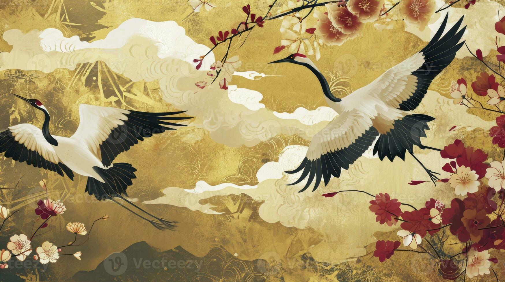 AI generated Luxury gold oriental style background. Chinese and Japanese wallpaper pattern design of elegant crane birds, cloud with watercolor texture. Design illustration for decoration, wall decor. photo