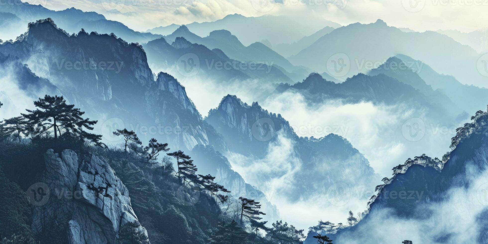 AI generated Mountain scenery, Watercolor. Chinese or Japanese Blue Mountains. Landscape of foggy mountains in the early morning photo