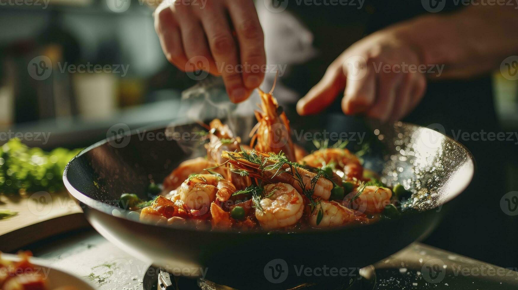 AI generated Seafood, Professional cook prepares shrimps with sprigg beans. Cooking seafood, healthy vegetarian food. Horizontal view. Eastern kitchen photo